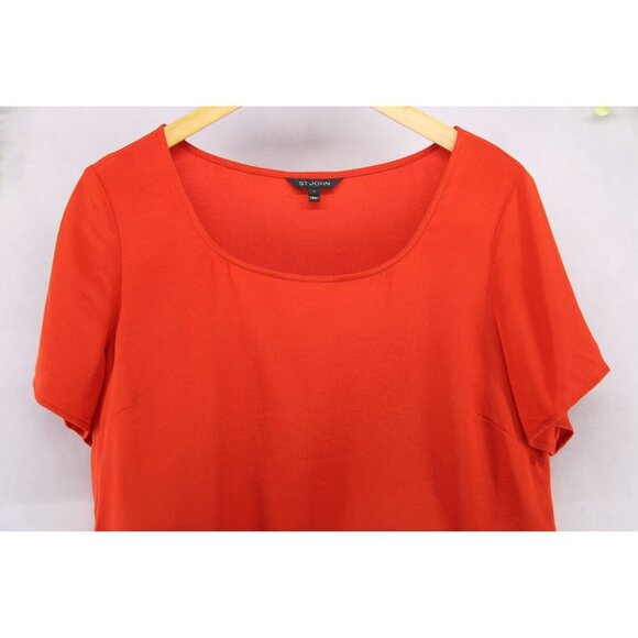 St. John Women's Short Sleeve Round Neck Silk Blouse Side Zip Orange Red Sz L - Picture 3 of 12